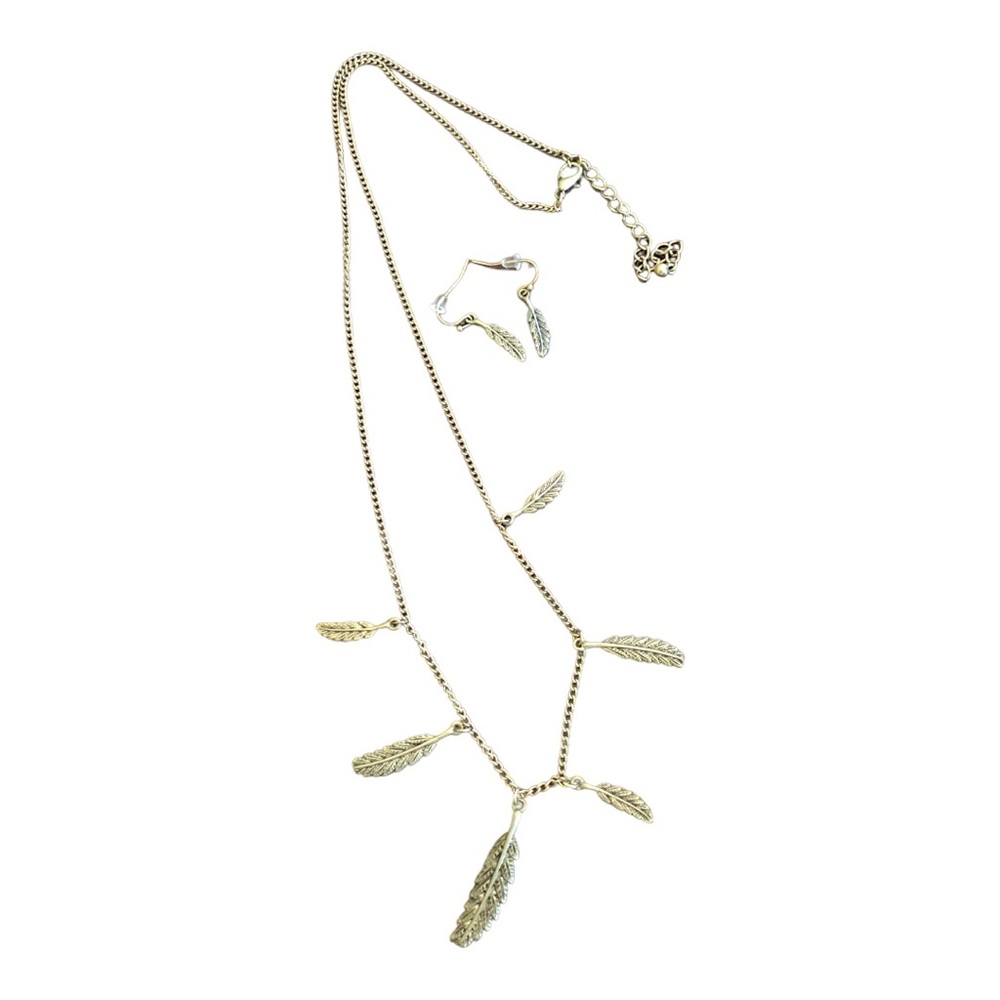 Vip 14" Feather Necklace and 1" Feather Earrings Set Women's Gold Tone